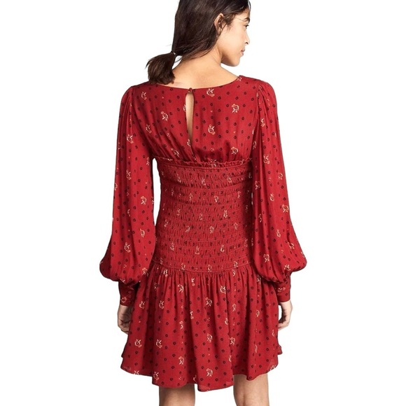 Free People Two Faces Mini Dress ruby red floral smocked long sleeve XS boho - Picture 6 of 16